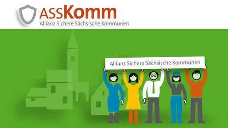 grün weißer Untergrund mit fünf Figuren die eine weißes Schild mit der Aufschrift Allianz Sichere Sächsische Kommunen halten, darüber das ASSKomm Logo