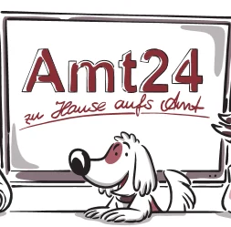 Ein rot-weiß illustriertes Cartoon Bild mit einer Tafel, auf der »Amt24 — zu Hause aufs Amt« steht. Davor ein freundlich schauender Comic-Hund am Tisch sitzend abgebildet.