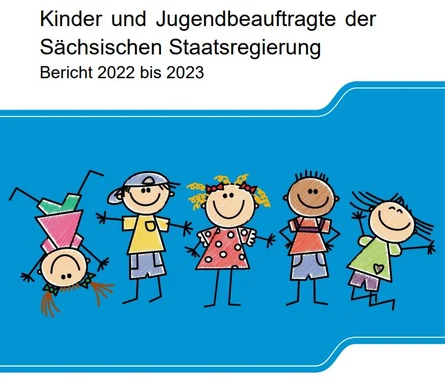 Vorderseite des Berichtes auf blauem Untergrund gezeichnete Kinder die einander die Hände reichen