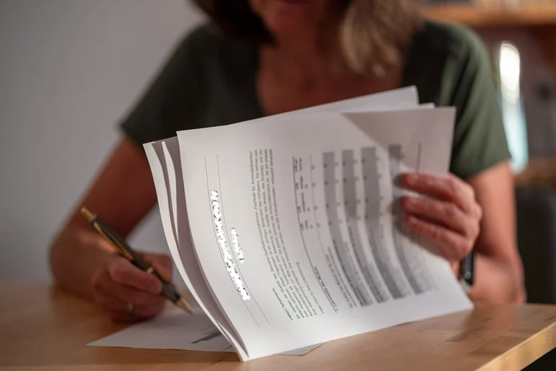 eine Frau sitzt am Tisch und hält mehrere Blätter Papier in der Hand und liest dabei