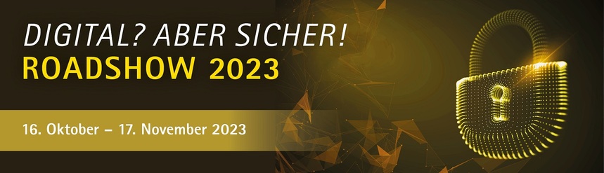 Roadshow aber sicher, auf dunklem Untergrund mit goldener Schrift geschrieben