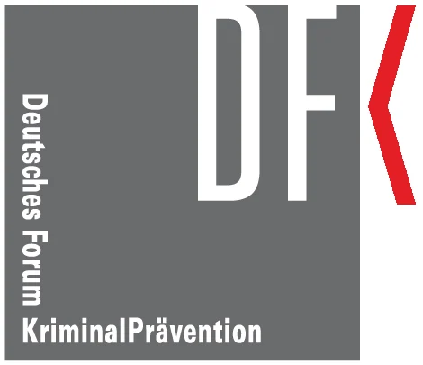 Logo des Deutschen Forum für Kriminalprävention auf grauem Grund mit den Buchstaben DFK