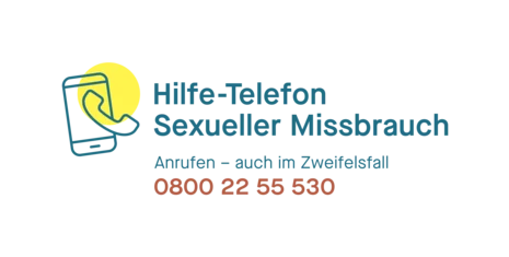 Ein Handy- und Telefonhörersymbol mit der blauen Beschriftung »Hilfe-Telefon Sexueller Missbrauch«. Darunter der Hinweis »Anrufen — auch im Zweifelsfall« und die Telefonnummer »0800 22 55 530«.