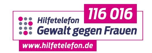 Das weiß-pinke Logo des Hilfetelefons »Gewalt gegen Frauen« mit der Telefonnummer »116 016« und der Webseite »www.hilfetelefon.de«.