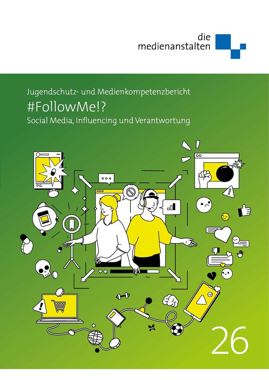 Titelbild des Berichts mit einem grünen Hintergrund, zwei Personen in der Mitte und weiteren Symbolen um sie herum, z.B. Handys, Laptop, Emojis, Fußball