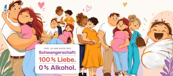 buntes gezeichnetes Bild mit verschiedenen familiären Situationen im Zusammenhang mit einer Schwangerschaft