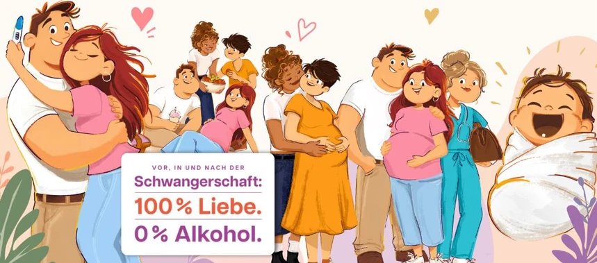 buntes gezeichnetes Bild mit verschiedenen familiären Situationen im Zusammenhang mit einer Schwangerschaft