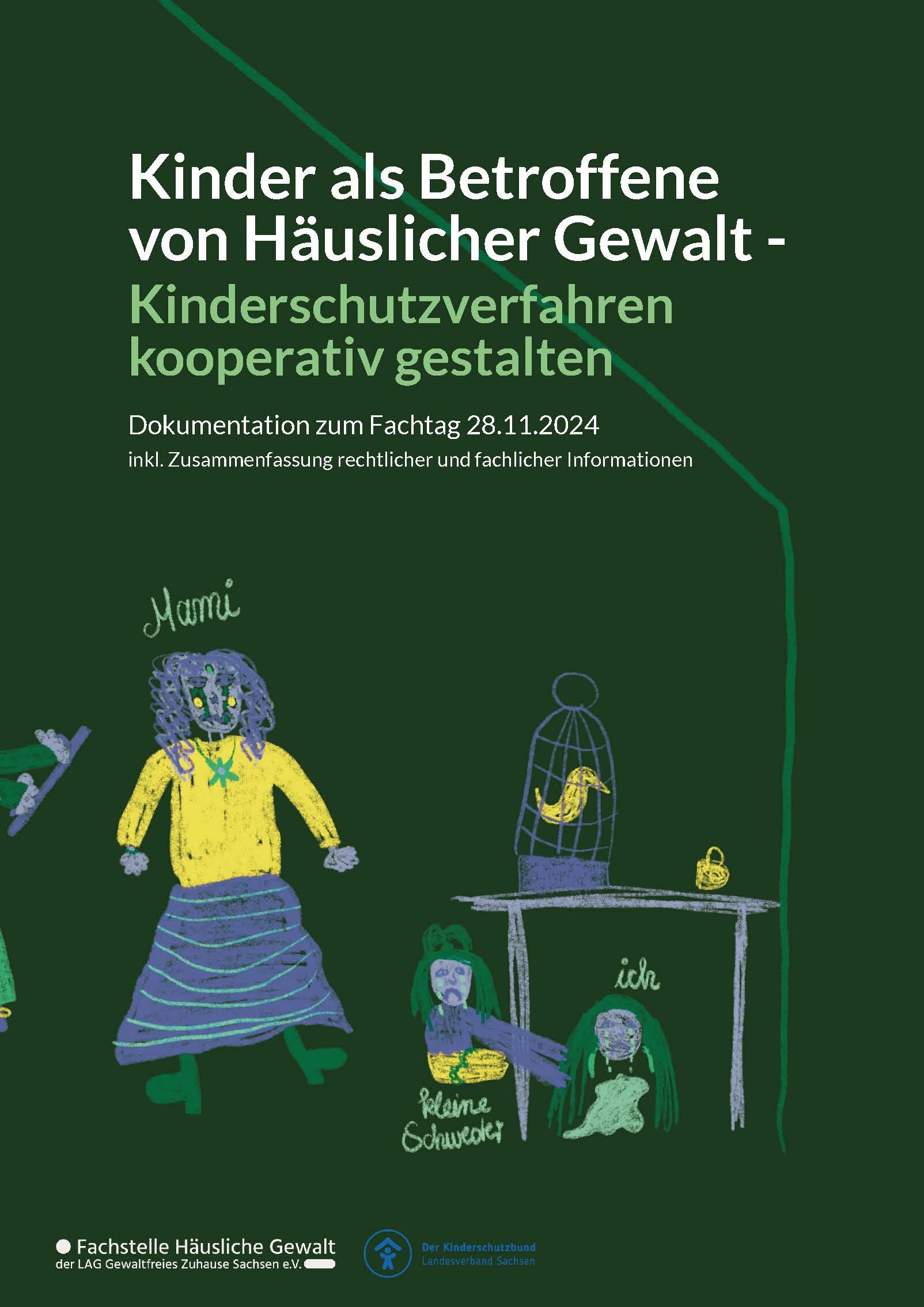 Auf dem Titelbild der Broschüre sieht man eine kindliche Zeichnung auf schwarzem Hintergrund. Darauf sind drei Personen abgebildet und beschriftet: links die Mutter, in der Mitte eine kleine Schwester und rechts die zeichnende Person weinend unter einem T