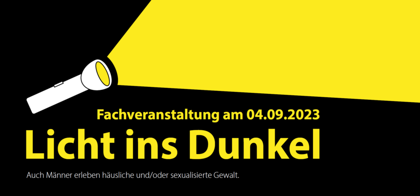 schwarzer Untergrund, darauf mit gelb aus einer Taschenlampe projeziert und die Schrift Licht ins Dunkel