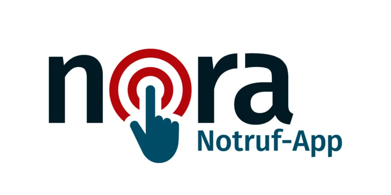 Logo der Notruf-App »Nora«. Das »o« ist als roter Radar in das Wort integriert. Ein Fingersymbol klickt auf den roten Radar.