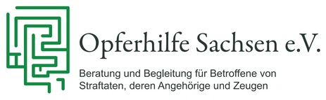 Das grüne Labyrinth-Logo der »Opferhilfe Sachsen e. V.«. Darunter die zusätzliche Beschreibung: »Beratung und Begleitung für Betroffene von Straftaten, deren Angehörige und Zeugen.«