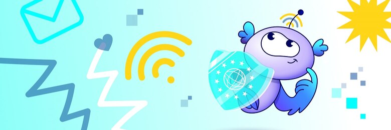 eine lilafarbenes Grafik ähnlich einem fliegenden Plüschtier als Maskottchen für den Safer Internet Day