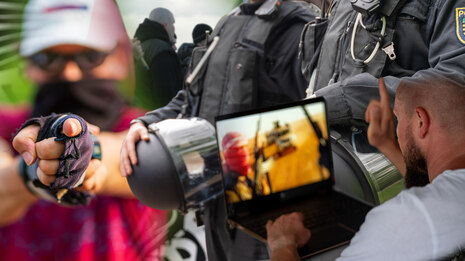Fotocollage bestehend aus Polizei, Rechtsextremisten, Linksextremisten und IS