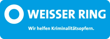 Blau-weißes Logo des weißen Ring mit einem kleinen weißen Ringsymbol links. Darunter die Anmerkung: »Wir helfen Kriminalitätsopfern« .