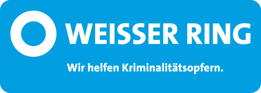 Blau-weißes Logo des weißen Ring mit einem kleinen weißen Ringsymbol links. Darunter die Anmerkung: »Wir helfen Kriminalitätsopfern« .
