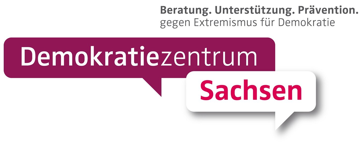 Logo auf weißem Grund und mit lila Schrift Demokratie-Zentrum Sachsen