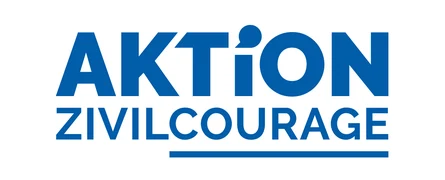 Logo von der Aktion Zivilcourage blaue Schrift auf weißem Untergrund