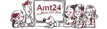 Ein rot-weiß illustriertes Cartoon Bild mit einer Tafel , auf der »Amt24« steht. Rechts und Links von der Tafel sind unterschiedliche Menschen und ein freundlich schauender Comic-Hund abgebildet.