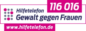 Das weiß-pinke Logo des Hilfetelefons »Gewalt gegen Frauen« mit der Telefonnummer »116 016« und der Webseite »www.hilfetelefon.de«.