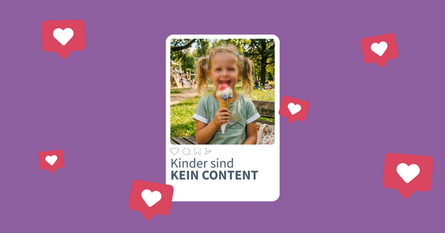 Porträt eines Mädchens mit einem verpixeltem Gesicht im Stil eines Social Media Beitrags vor lila Hintergrund. Drum herum sind rote Sprechblasen mit weißen Herzen.