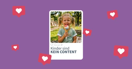 Porträt eines Mädchens mit einem verpixeltem Gesicht im Stil eines Social Media Beitrags vor lila Hintergrund. Drum herum sind rote Sprechblasen mit weißen Herzen.