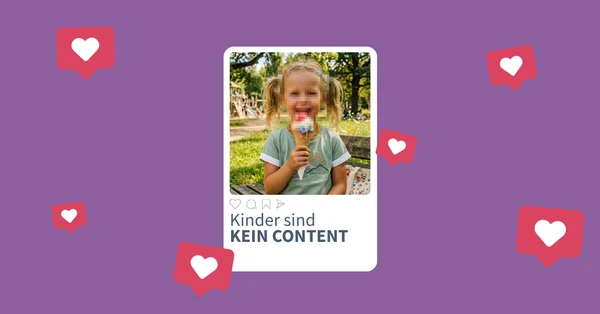 Porträt eines Mädchens mit einem verpixeltem Gesicht im Stil eines Social Media Beitrags vor lila Hintergrund. Drum herum sind rote Sprechblasen mit weißen Herzen.