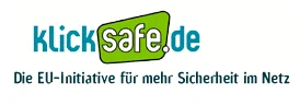 klicksafe logo auf weißen Untergrund und mit der Aufschrift klicksafe.de. Die EU-Initiative für mehr Sicherheit im Netz.