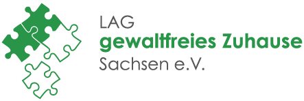 Logo von der LAG gewaltfreies Zuhause, Puzzlteile mit grün/weißer Schrift
