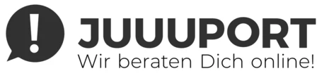 Das schwarze »JUUUPORT«-Logo. Daneben eine schwarze Sprachblase mit einem weißen Ausrufezeichen darin. Darunter die Anmerkung: »Wir beraten Dich online!«.