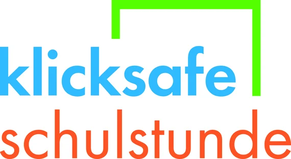 logo von klicksafe in gründer schrift und darunter schulstunde in roter Schrift