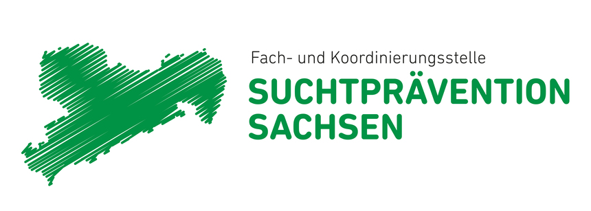Logo der Fach- und Koordinierungsstelle Suchtprävention Sachsen. Links neben der Schrift ist eine Karte Sachsens in grüner Farbe abgebildet.